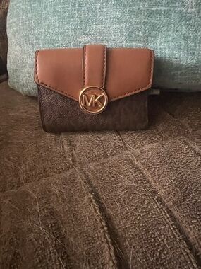 Michael Kors Two-Tone Brown Compact Wallet with Gold MK Emblem